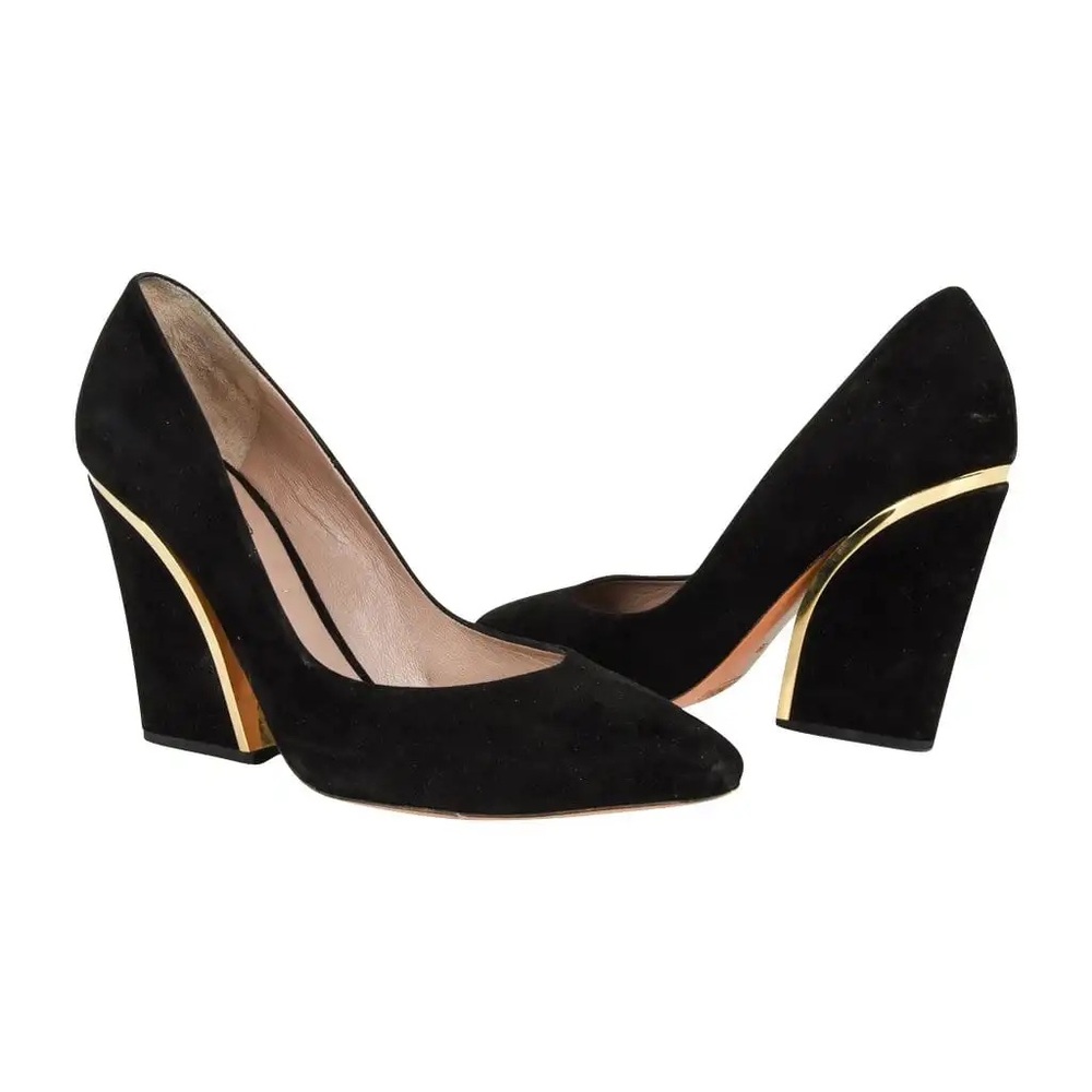Chloe Black Suede Block Heel Pumps with Gold Accent